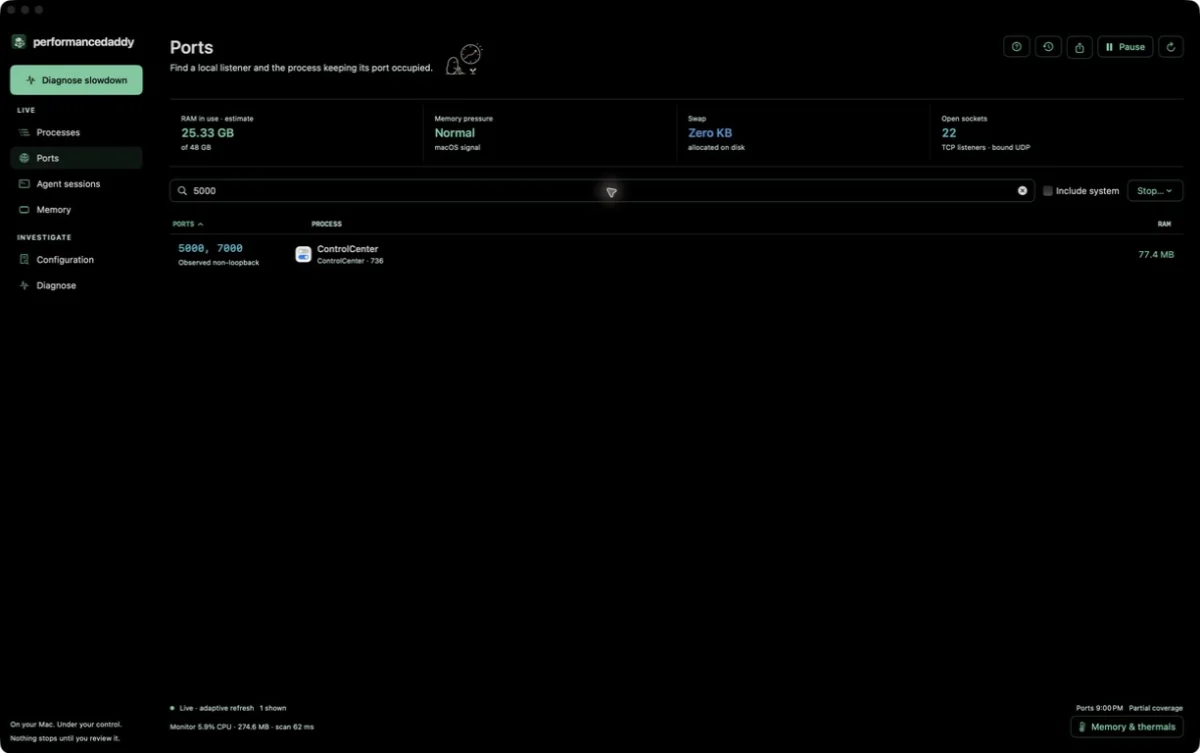 PerformanceDaddy Ports view identifying the process that owns port 5000